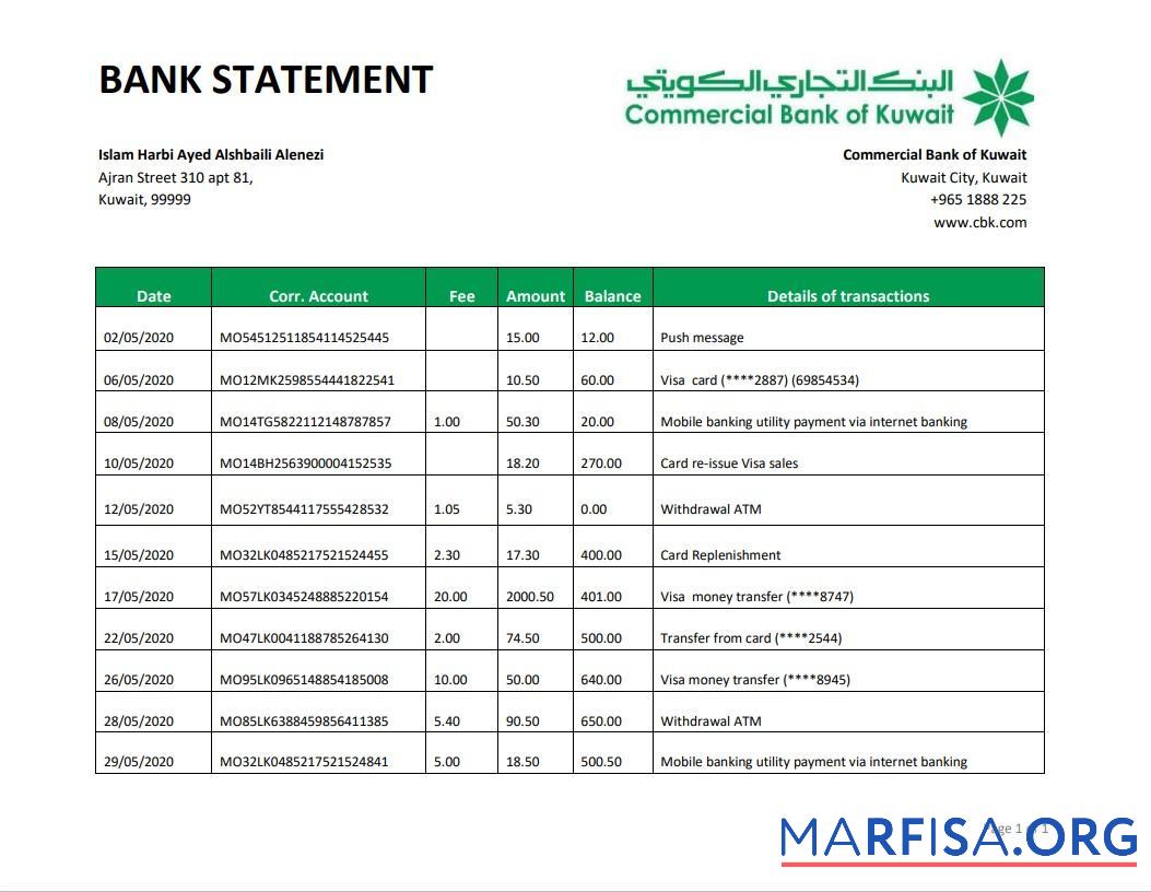 Printable Kuwait Commercial Bank Islam Harbi Ayed Alshbaili Alenezi bank statement word example